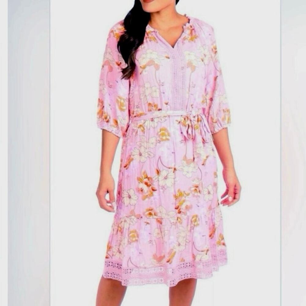 Fair Haven Pink Floral Gauze Midi Dress Sz Large Cottagecore Fairycore Boho